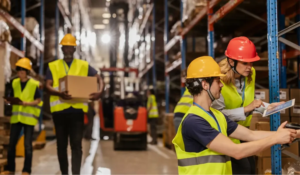 grupo de pessoas em um centro de distribuição realizando picking logístico